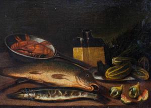 Nicola Levoli (Rimini, 1728 – 1801), attr., Natura morta con pesci e crostacei